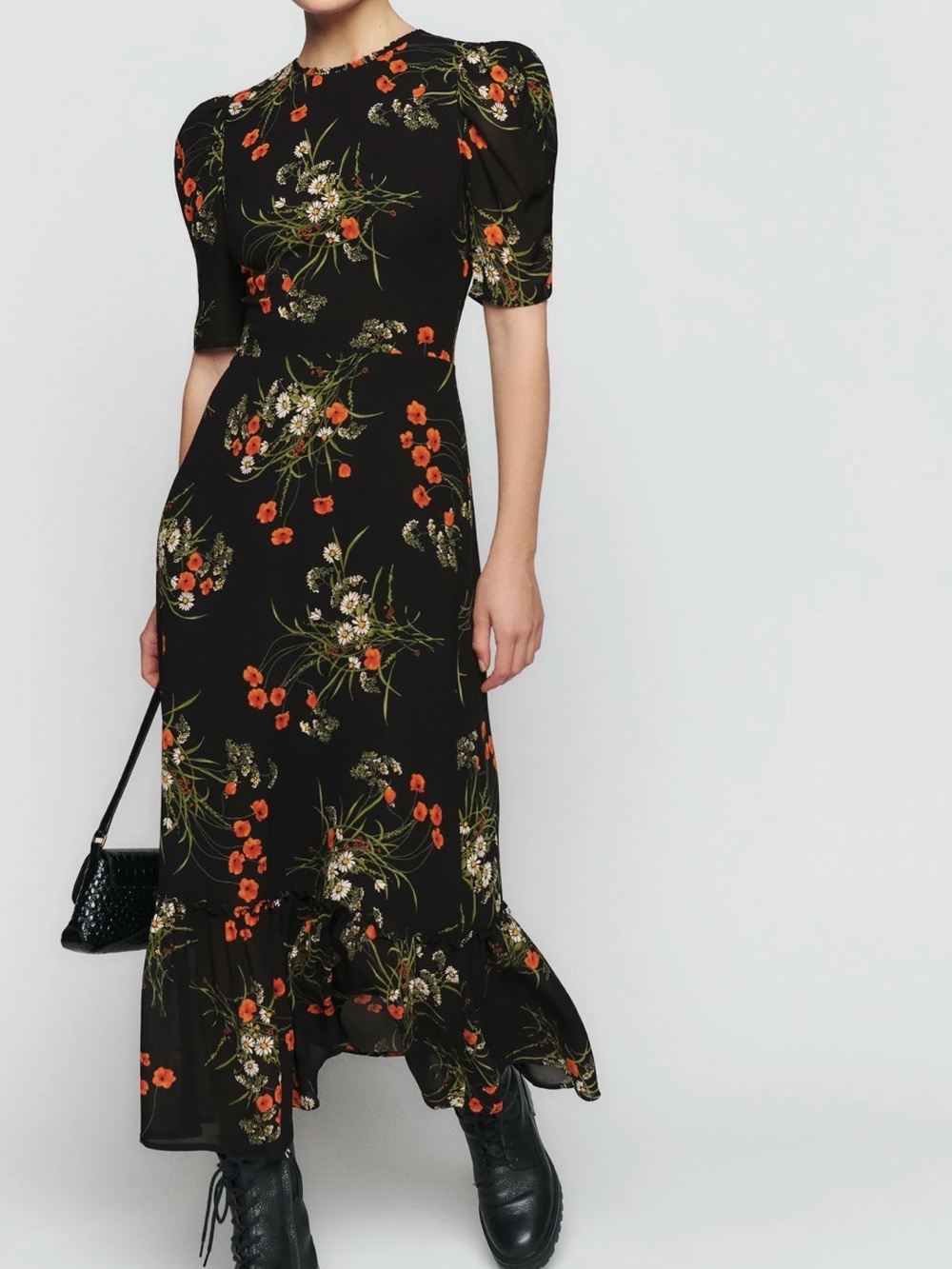 Reformation Black Floral Midi Dress with Orange and Green Print